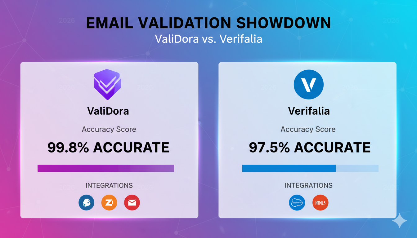 ValiDora vs Verifalia: A side-by-side comparison of the best email validation tools for growing teams in 2026, showing logos, accuracy metrics, and integration icons.